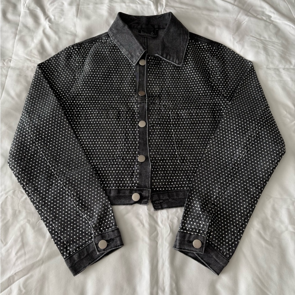 Grey Denim Jacket With Rhinestone Detail